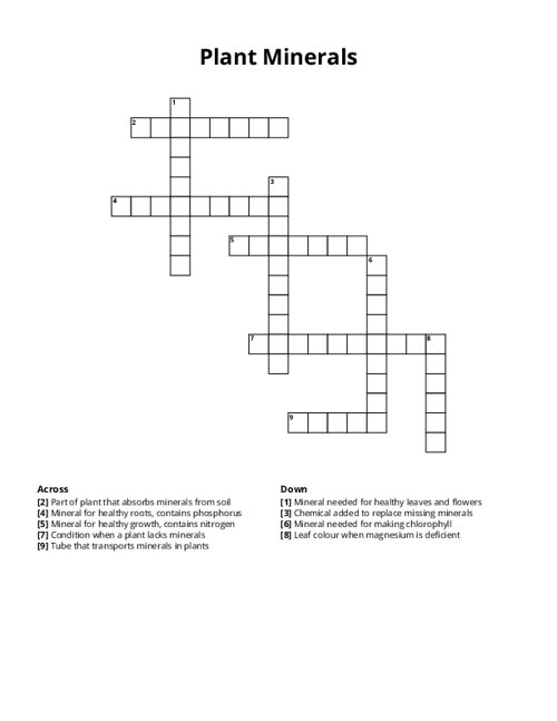 Plant Minerals Crossword Puzzle