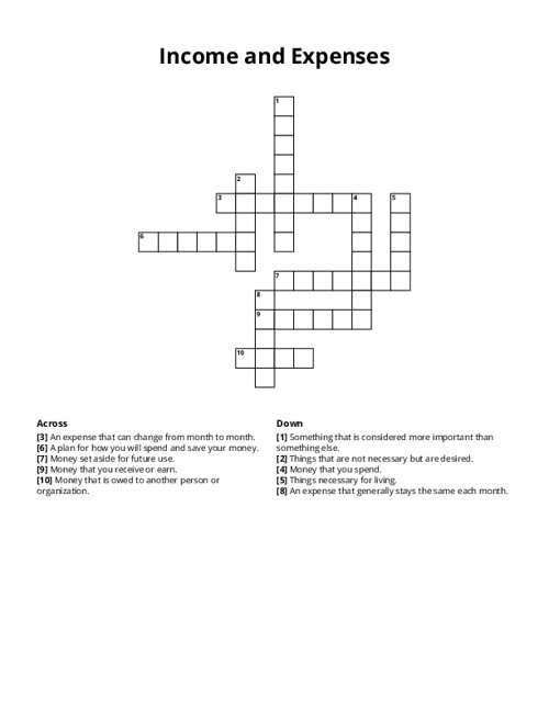 Income and Expenses Crossword Puzzle